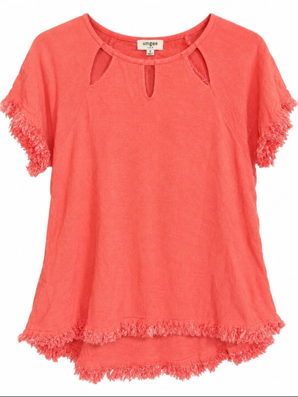Umgee Coral Fringe Keyhole Short Sleeve Tunic